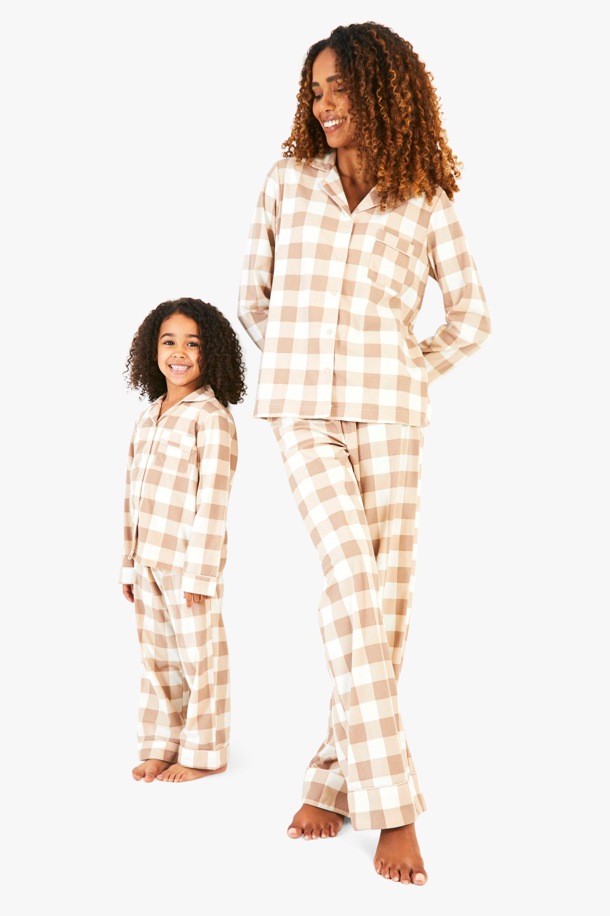 Womens Ladies Mini Me Matching Check Trouser Pyjamas Set - Brown - 8, Brown